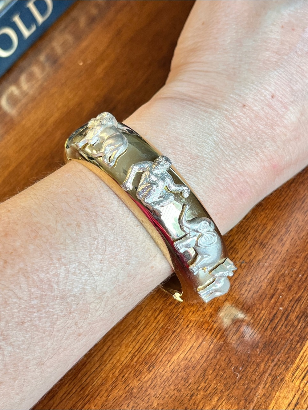 Hinged bangle gold tone animal motif elephant monkey lion donkey jungle jewelry